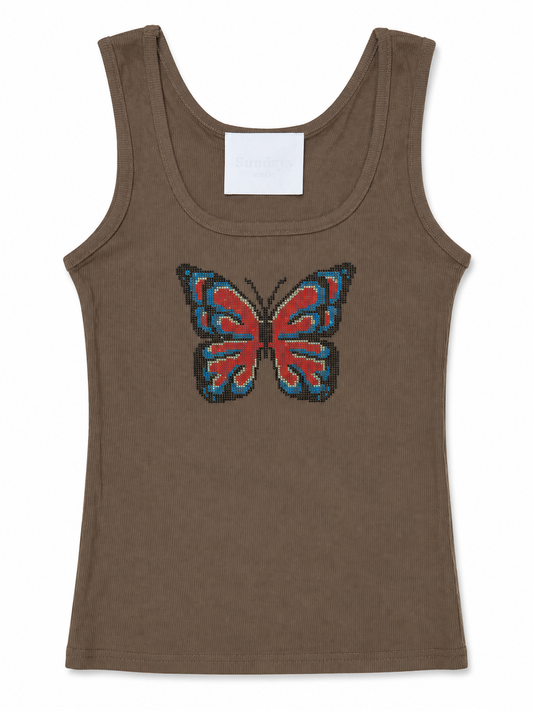 Rhinestone Butterfly Graphic Ribbed Tank Top - Brown