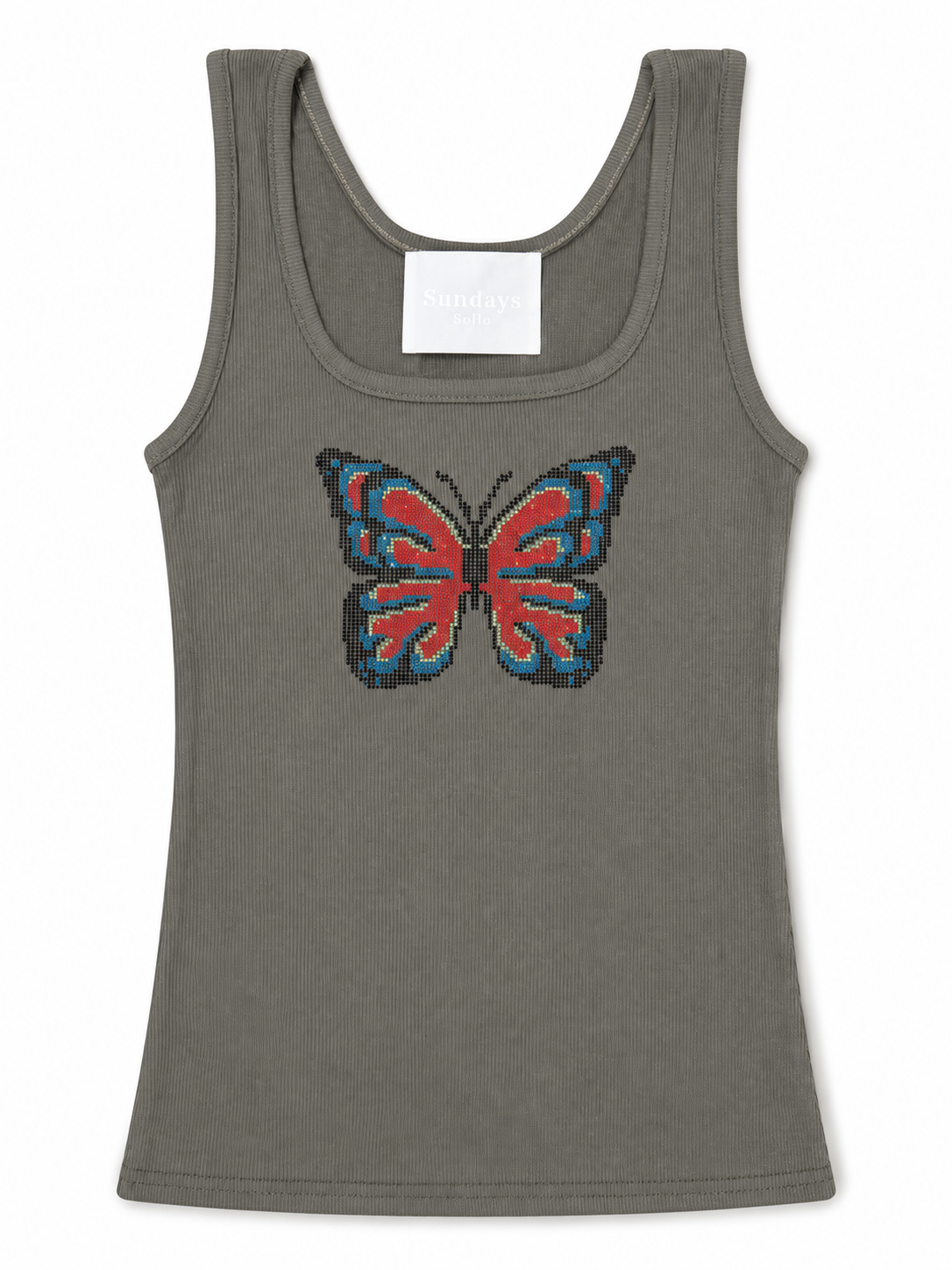 Rhinestone Butterfly Graphic Ribbed Tank Top - Olive Green
