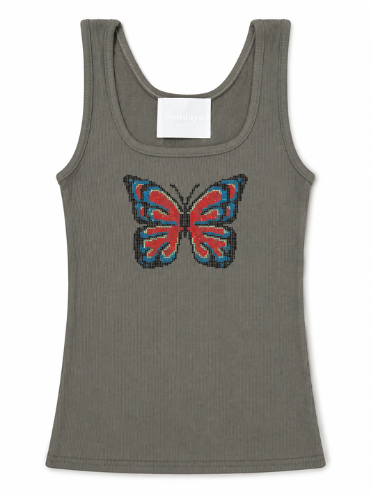 Olive-green ribbed tank top with rhinestone butterfly graphic, scoop neck sleeveless