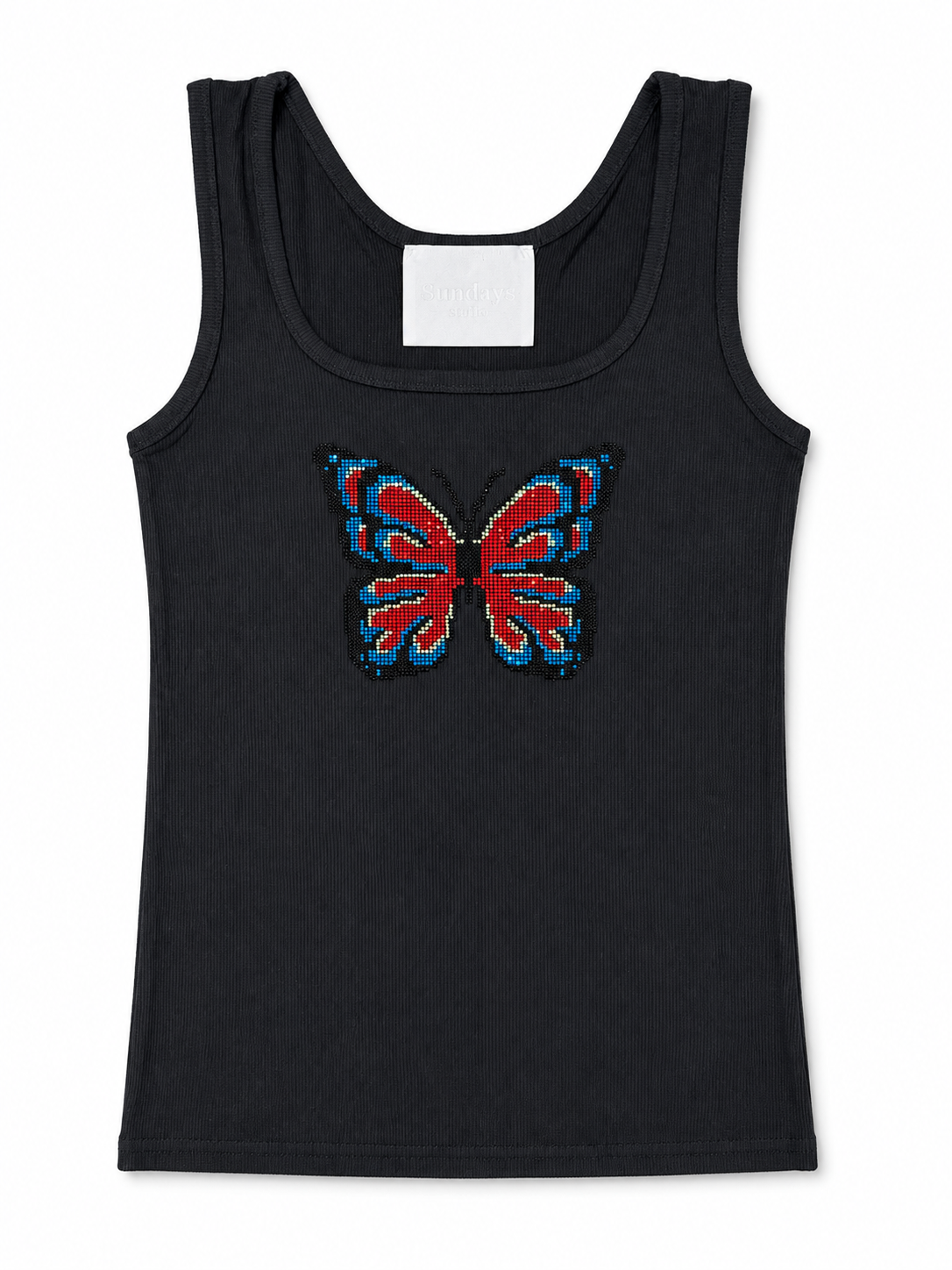Rhinestone Butterfly Graphic Ribbed Tank Top - Black