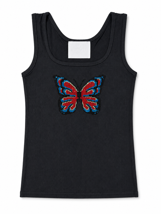 Black ribbed tank top with rhinestone butterfly graphic, scoop neckline
