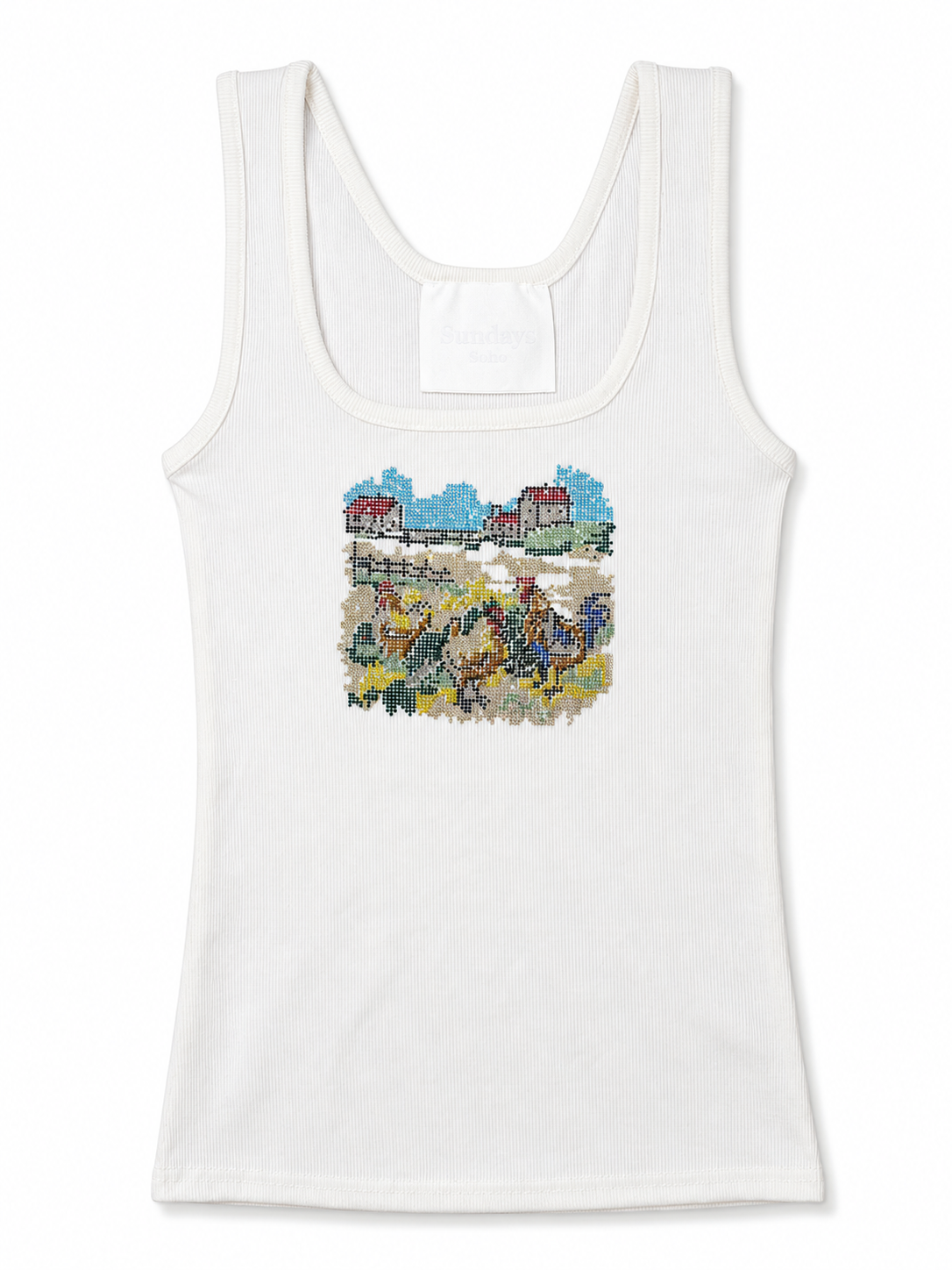 Rhinestone Countryside Graphic Ribbed Tank Top - White