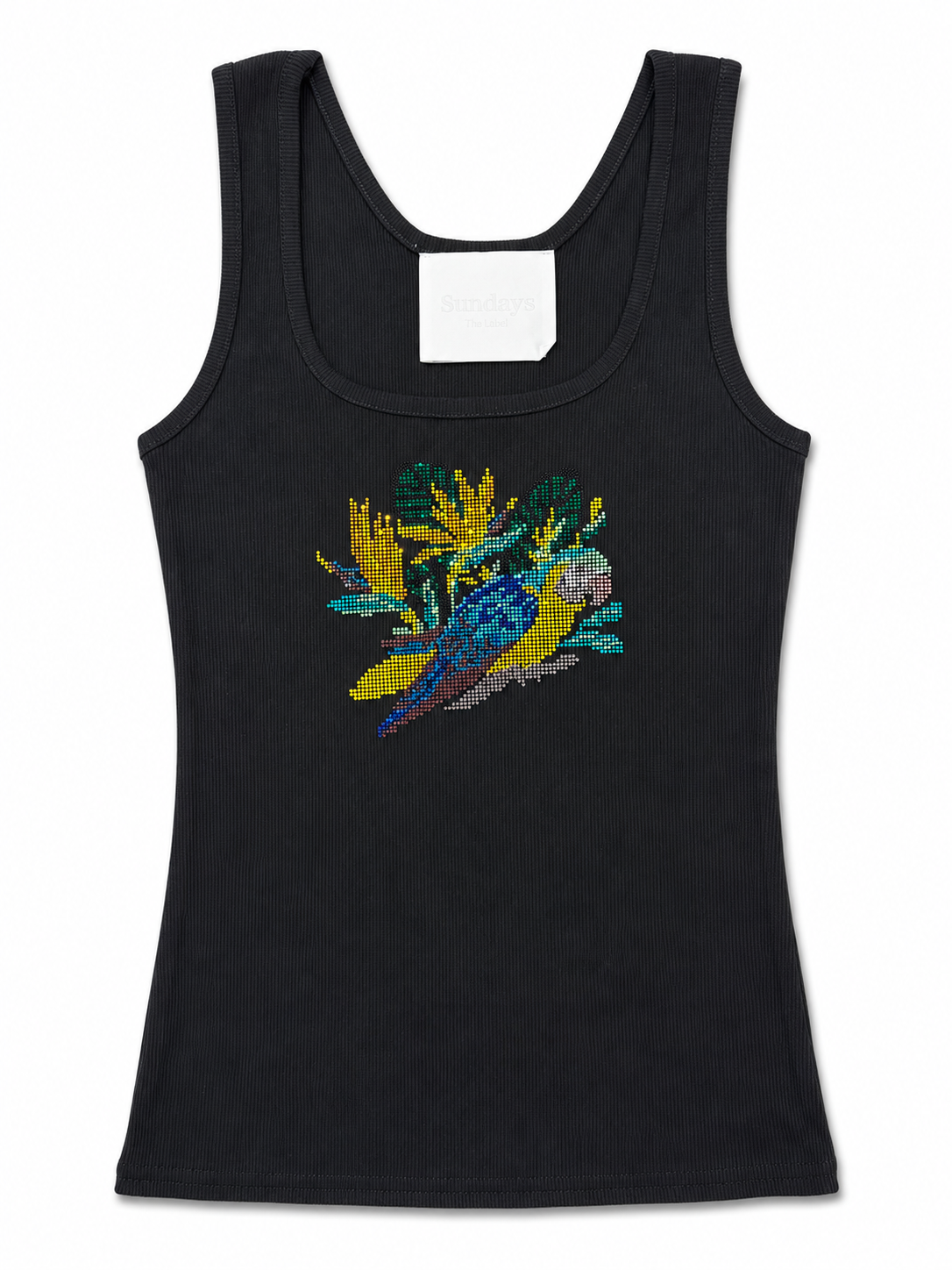 Rhinestone Tropical Parrot Graphic Ribbed Tank Top – Black