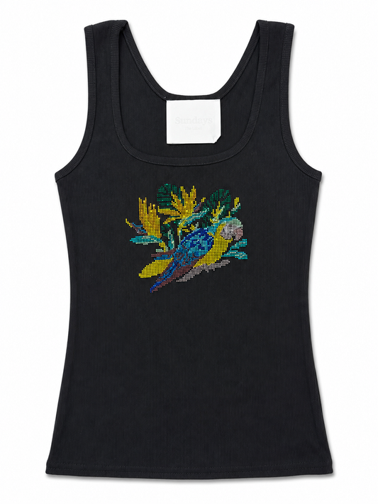 Black ribbed tank top with scoop neck and colorful rhinestone tropical parrot graphic
