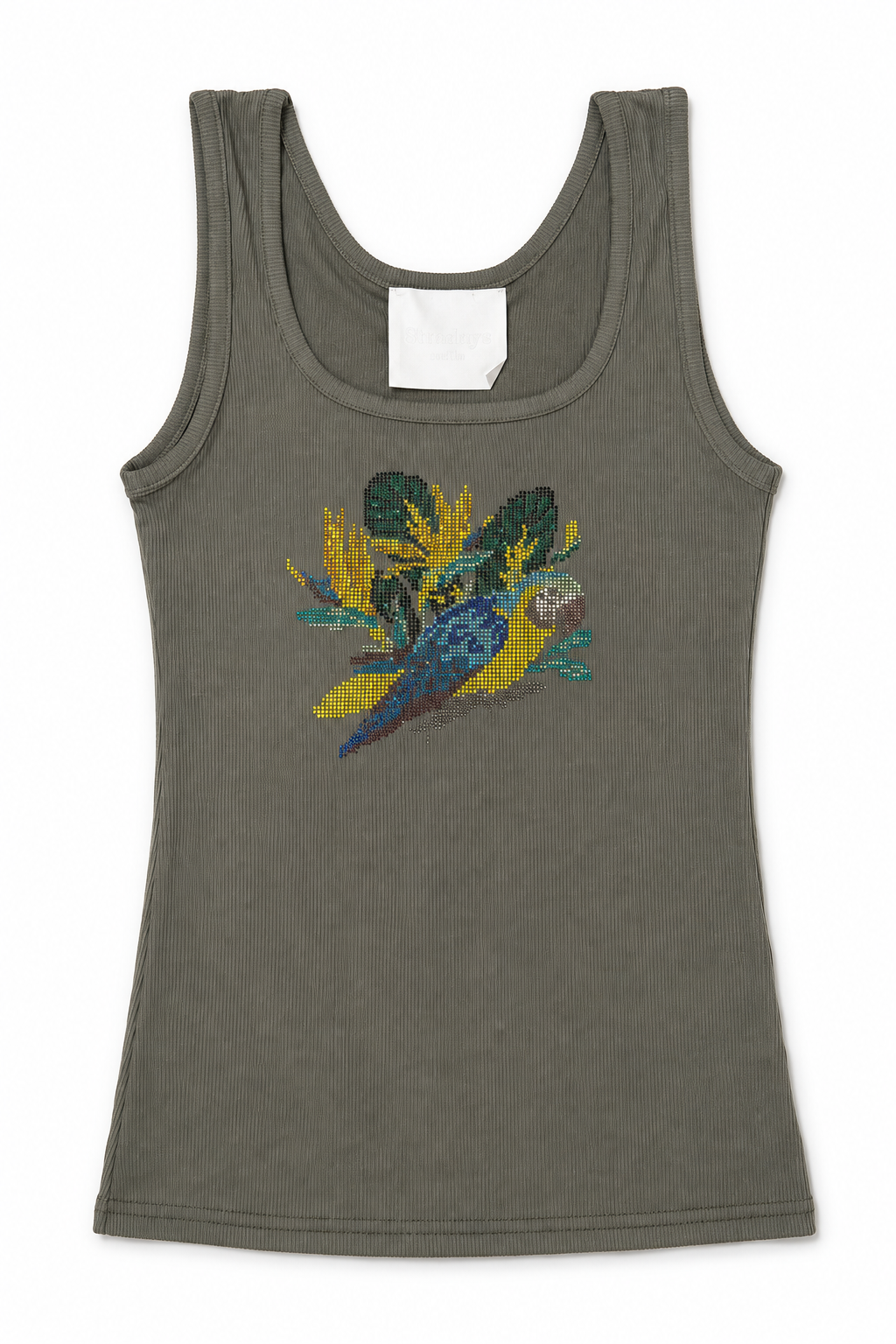 Rhinestone Tropical Parrot Graphic Ribbed Tank Top - Olive Green