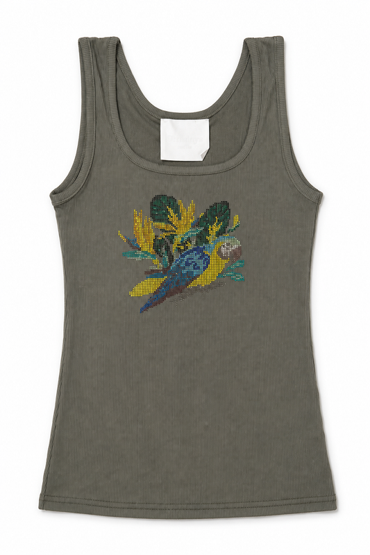 Dark olive ribbed tank top with tropical parrot rhinestone graphic