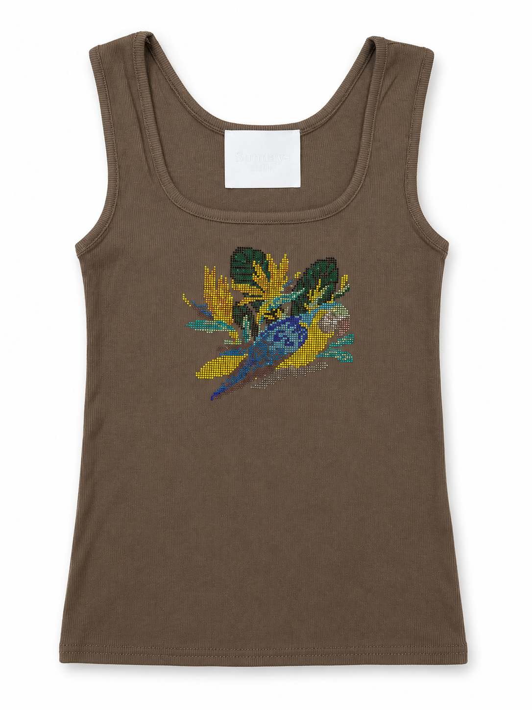 Rhinestone Tropical Parrot Graphic Ribbed Tank Top - Brown