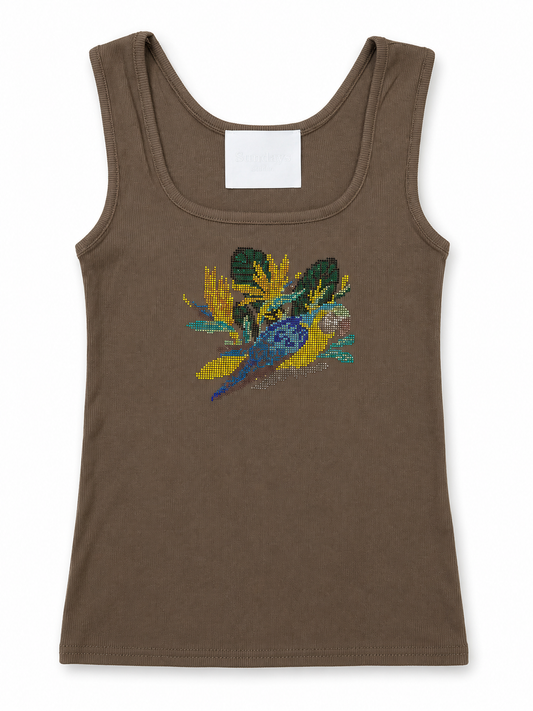 Brown ribbed tank top with rhinestone tropical parrot graphic
