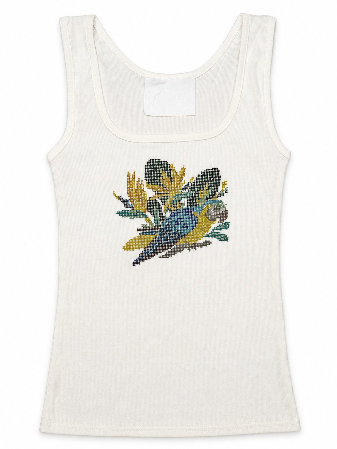 Rhinestone Tropical Parrot Graphic Ribbed Tank Top - White