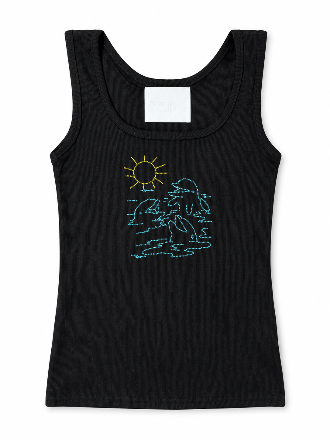 Rhinestone Dolphin Graphic Ribbed Tank Top - Black