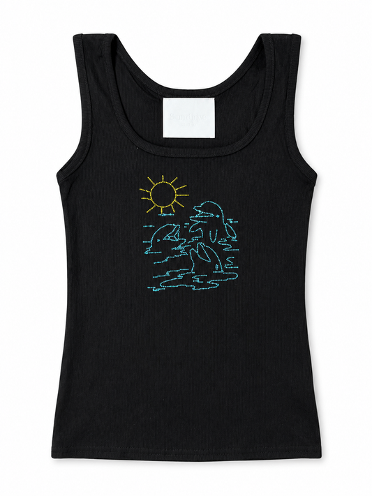 Rhinestone Dolphin Graphic Ribbed Tank Top - Black
