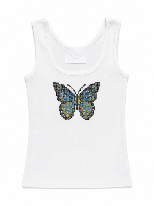 Rhinestone Blue Butterfly Graphic Ribbed Tank Top - WHITE