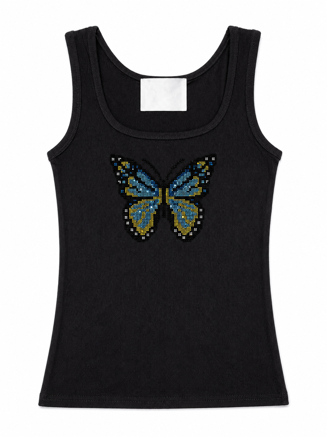Rhinestone Blue Butterfly Graphic Ribbed Tank Top -Black