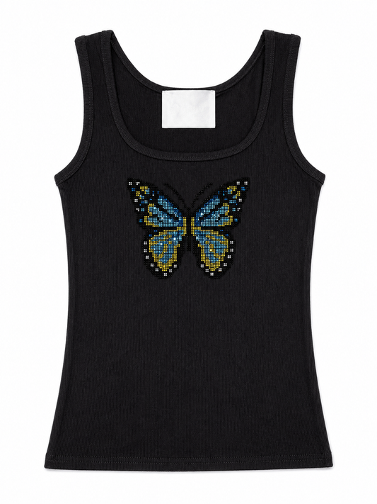Rhinestone Blue Butterfly Graphic Ribbed Tank Top -Black