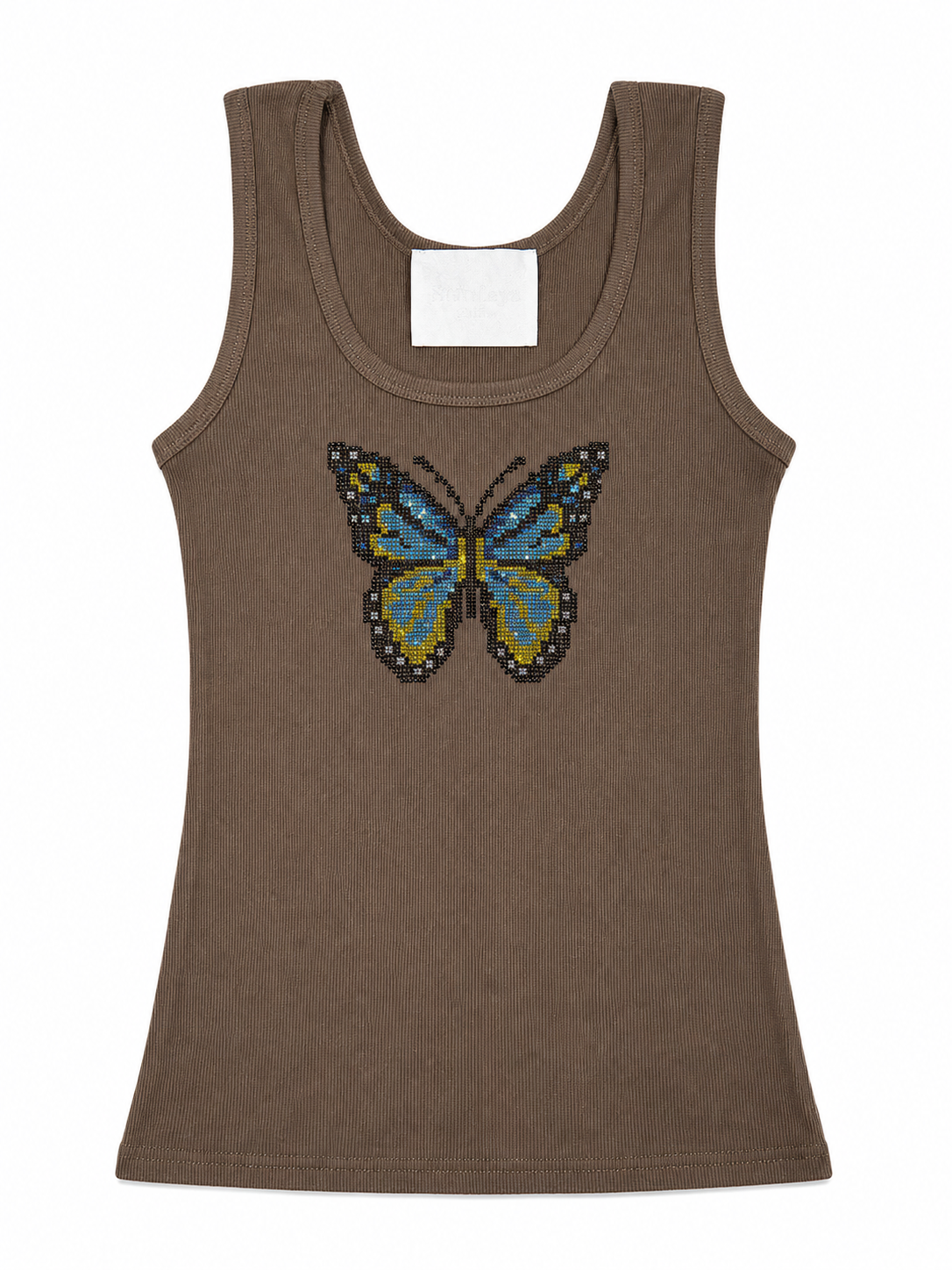 Rhinestone Blue Butterfly Graphic Ribbed Tank Top - Brown