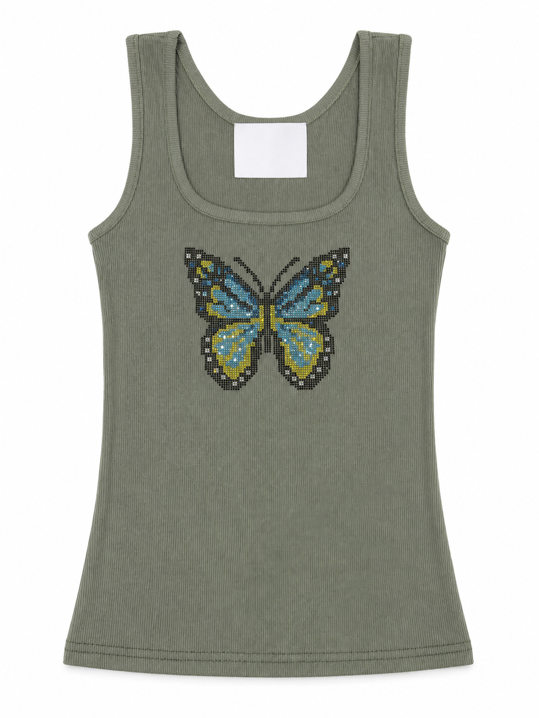 Rhinestone Blue Butterfly Graphic Ribbed Tank Top - Olive Green