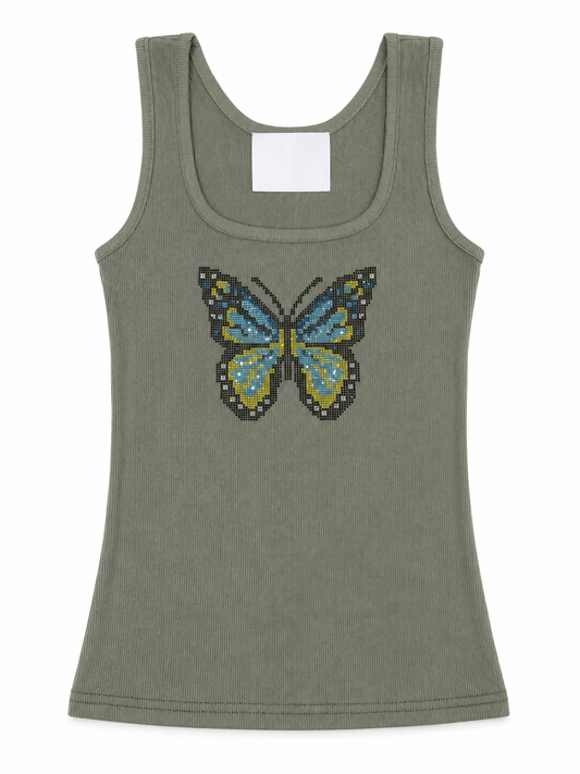 Rhinestone Blue Butterfly Graphic Ribbed Tank Top - Olive Green