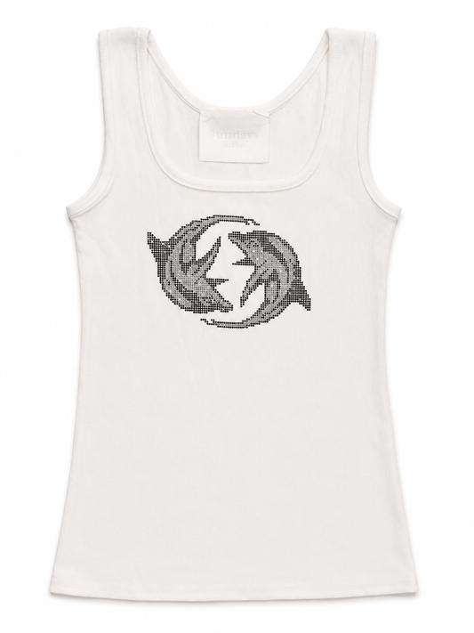 Rhinestone Dolphin Ribbed Tank Top - White