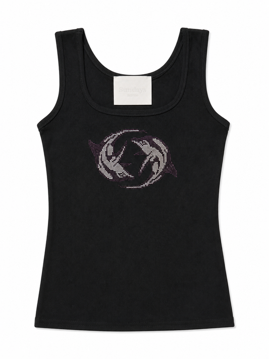 Rhinestone Dolphin Ribbed Tank Top - Black