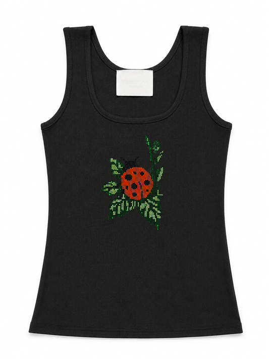 Rhinestone Ladybug Ribbed Tank Top - Black