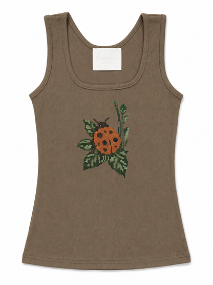 Brown ribbed tank top with rhinestone ladybug graphic on the front