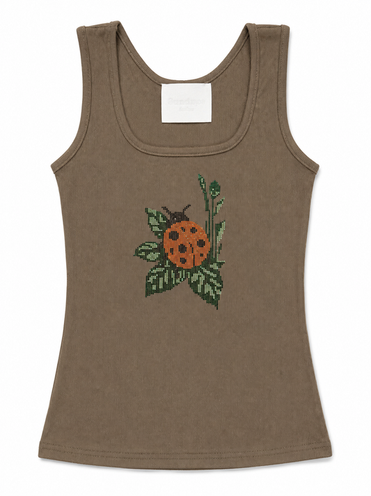 Rhinestone Ladybug Ribbed Tank Top - Brown