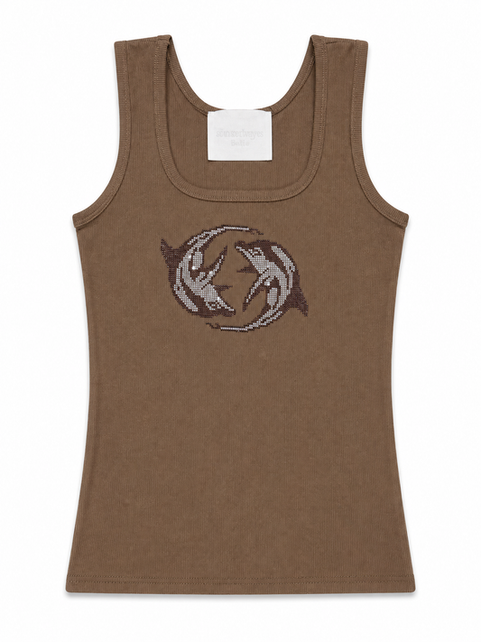 Rhinestone Dolphin Ribbed Tank Top - Brown
