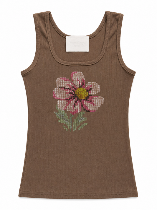 Blue Daisy Rhinestone Tank Top - Brown