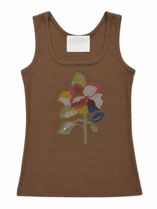 Pink Rose Rhinestone Tank Top - Brown