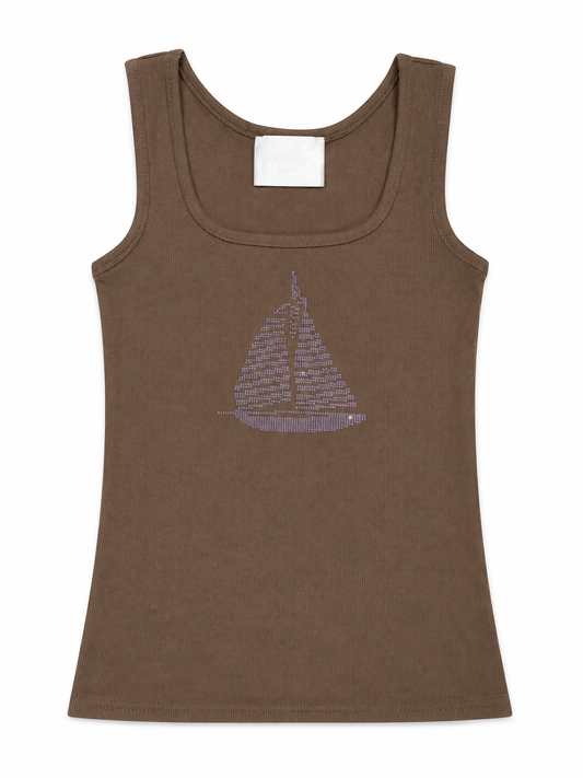 Boat  Rhinestone Tank Top - Brown