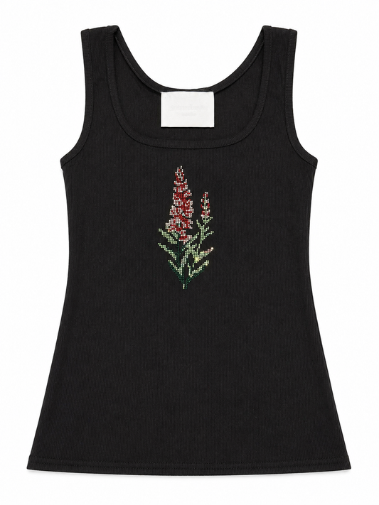 Rhinestone Floral Ribbed Tank Top – Black