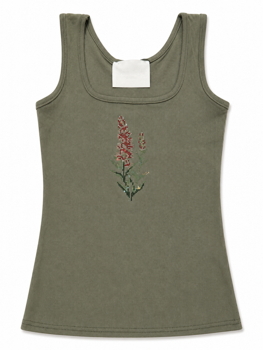 Rhinestone Floral Ribbed Tank Top – Olive Green