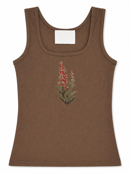 Rhinestone Floral Ribbed Tank Top –  Brown