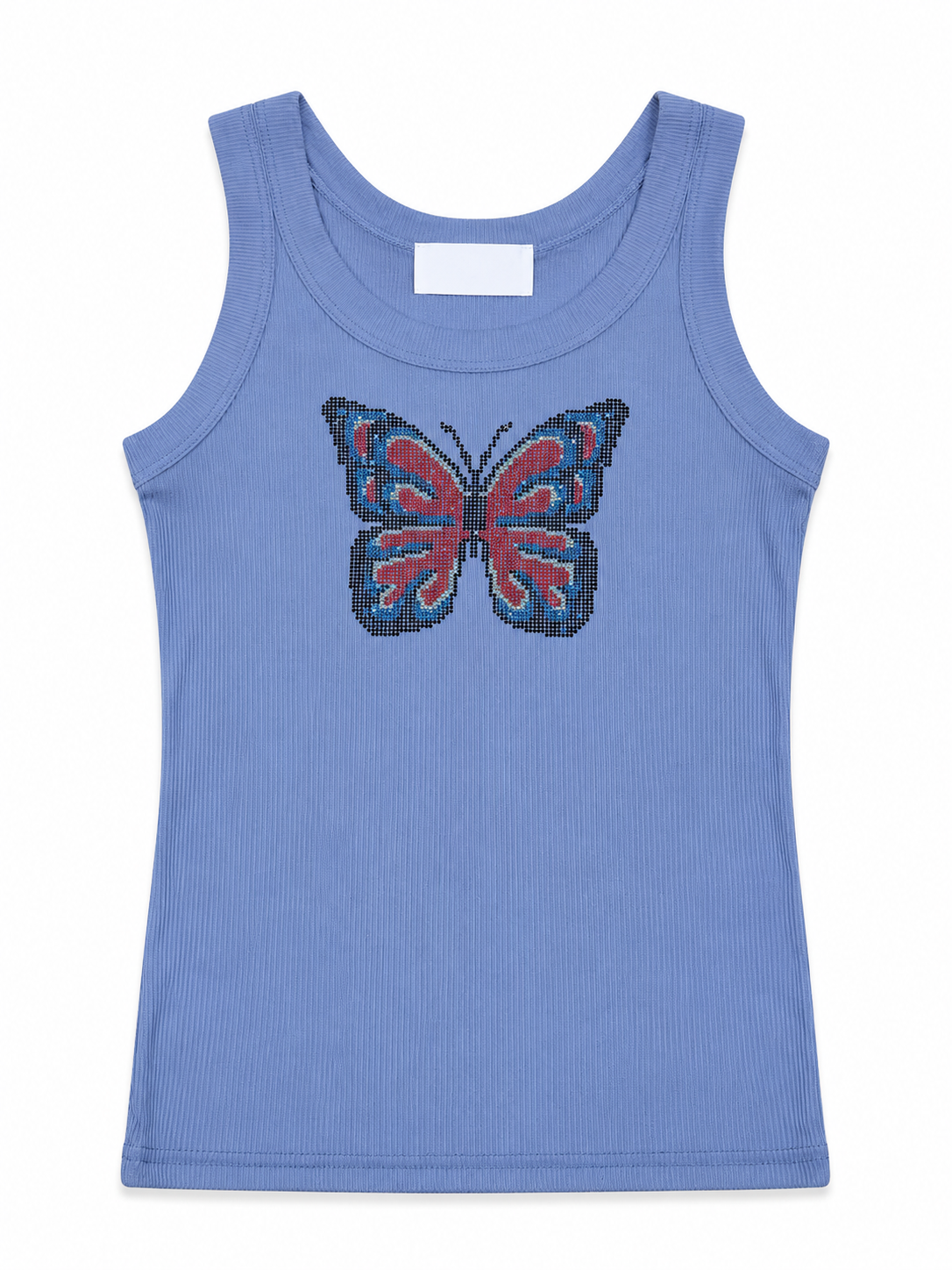 Rhinestone Butterfly Graphic Ribbed Tank Top - Blue