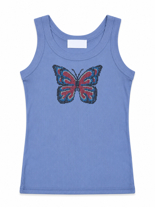 Rhinestone Butterfly Graphic Ribbed Tank Top - Blue