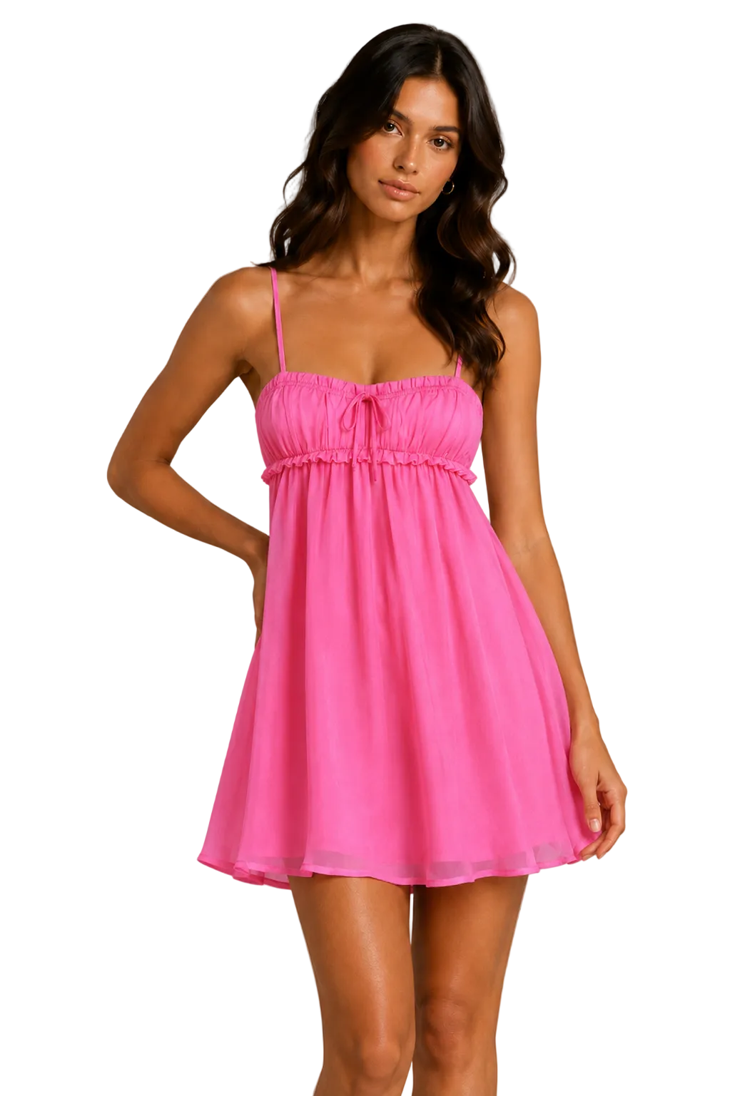 Pink Harlow dress with thin straps and gathered empire waist, flared skirt