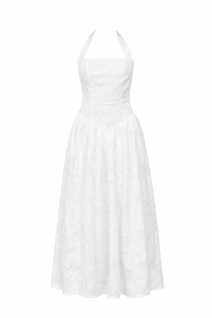 White lace halter dress with fitted bodice and gathered midi skirt
