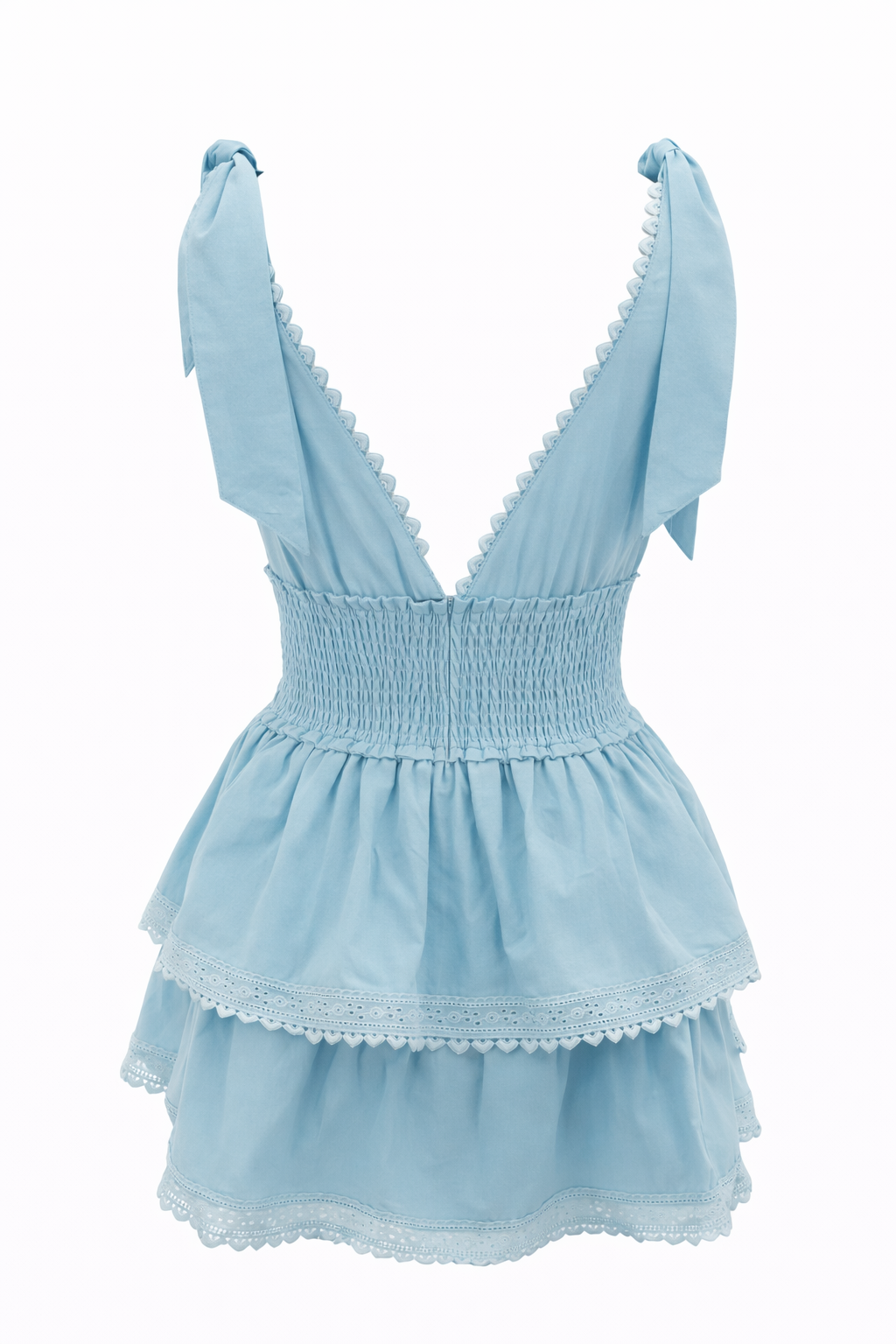 Light blue mini dress with V-neck, smocked waist, and layered lace-edged ruffles