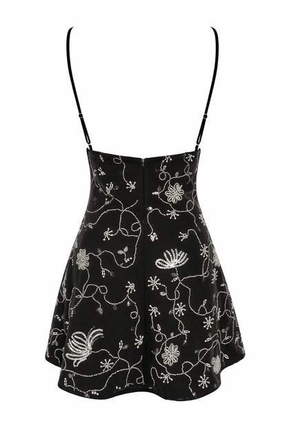 Beaded mini dress flat back with thin straps and silver floral embroidery on dark fabric
