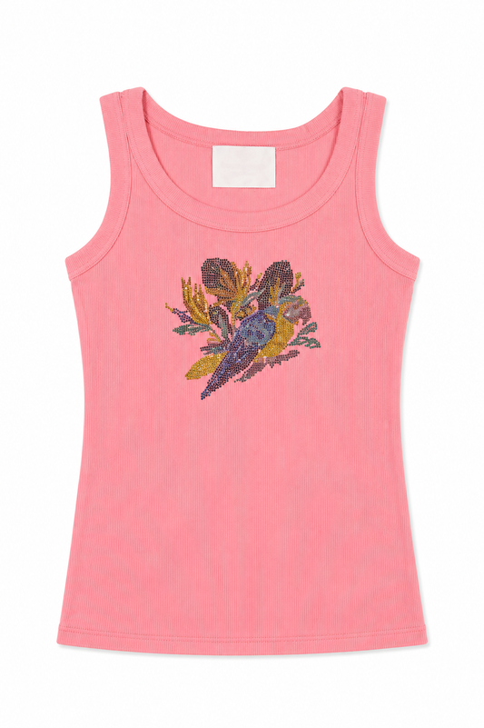 Pink rhinestone parrot graphic tank top with crew neckline