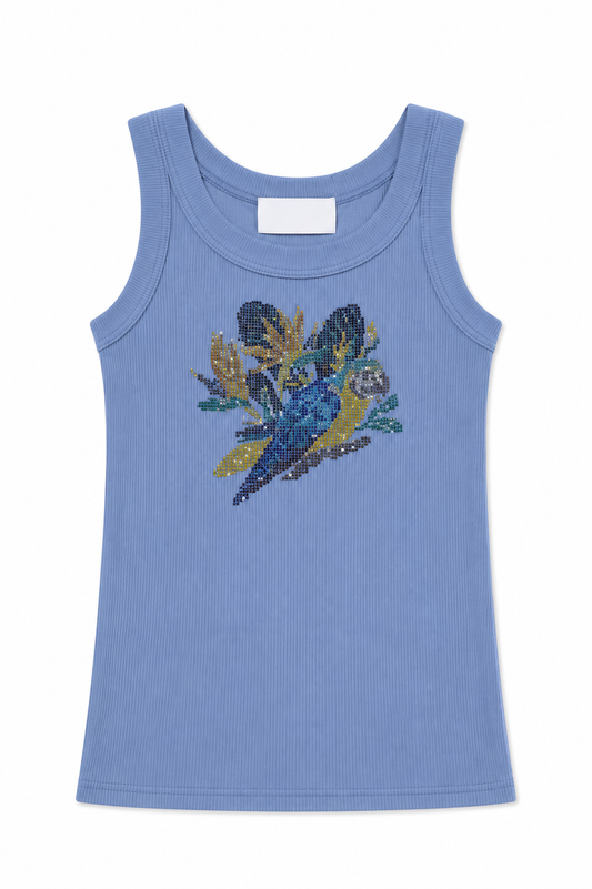 Blue sleeveless tank top with rhinestone parrot chest graphic
