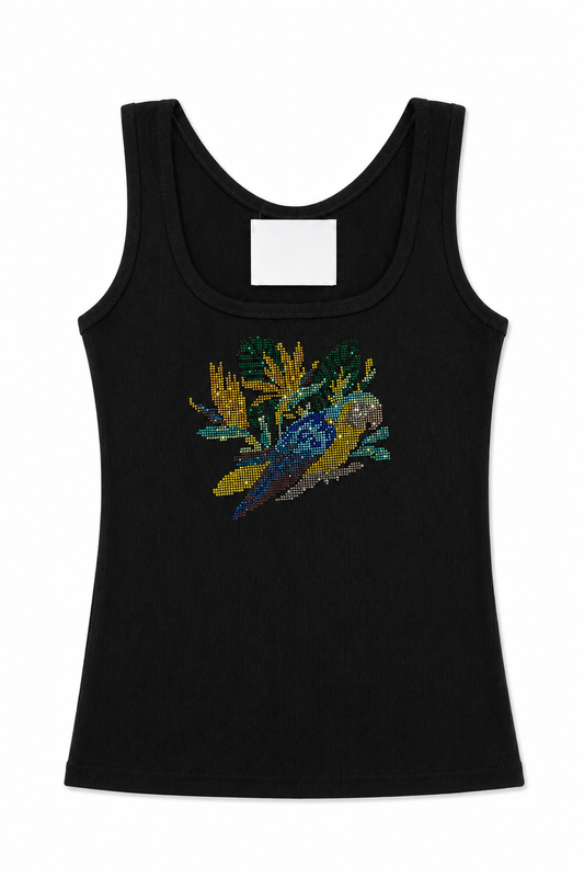 Black rhinestone parrot tank top with colorful beadwork front