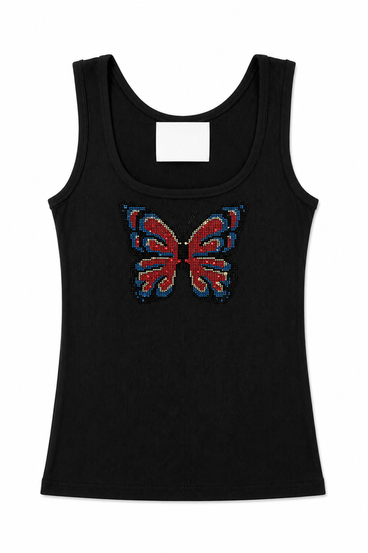 Black rhinestone butterfly tank top, sleeveless scoop neck