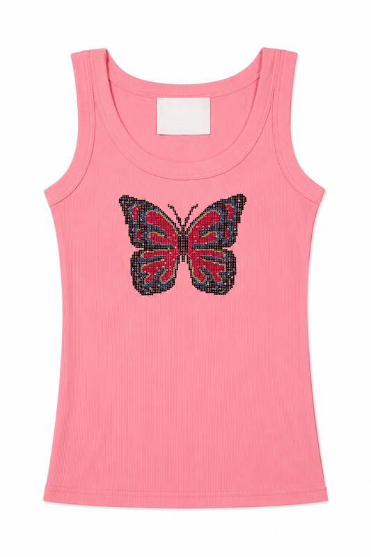 Pink rhinestone butterfly tank top with sleeveless scoop neck