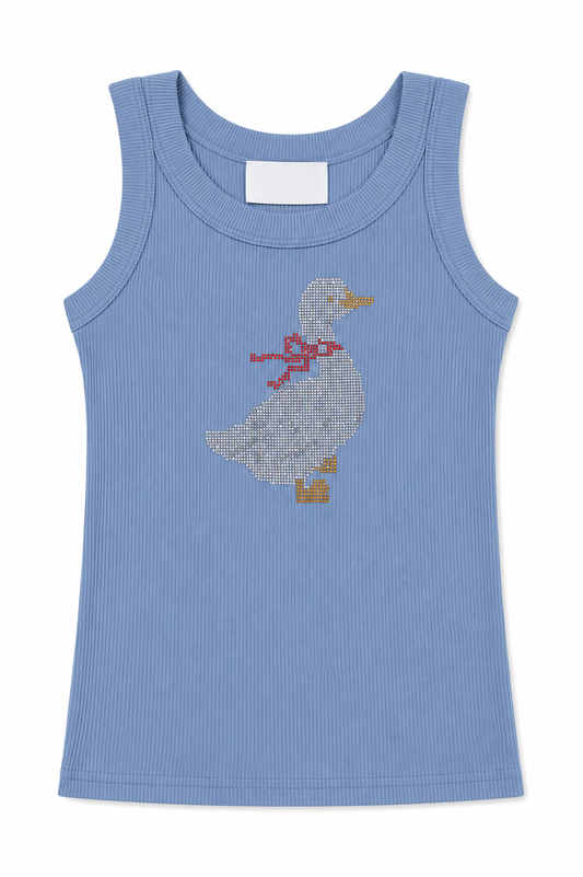 Light blue ribbed tank top with sequin-like penguin graphic and rhinestone accents