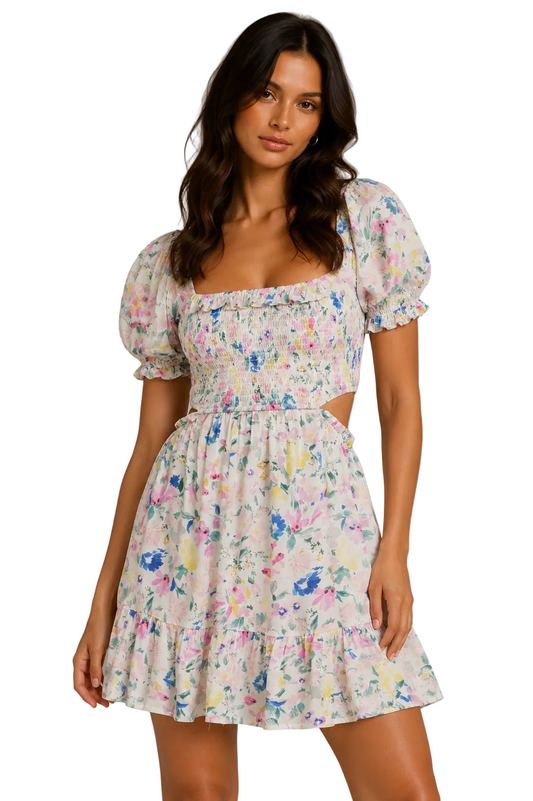 Floral square-neck dress with puff sleeves and gathered waist, light blue