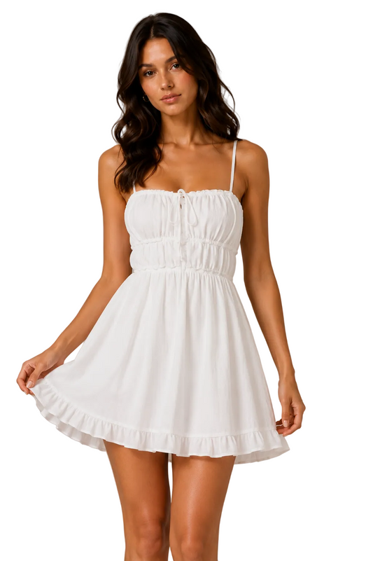 White strapless dress with ruched bodice and layered ruffle skirt
