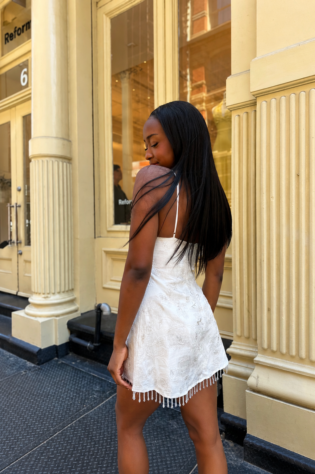 Mia dress open-back mini with crisscross straps and scalloped, fringed hem