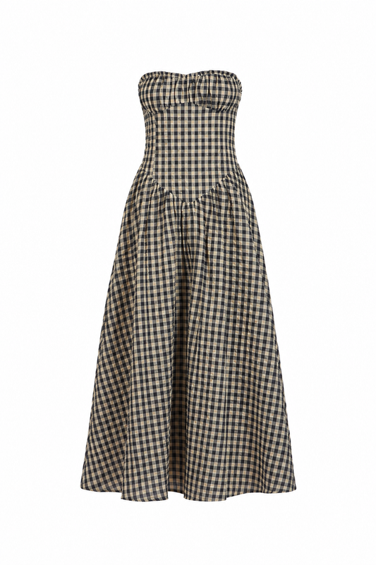 Gingham check strapless dress with smocked bodice and gathered waist, full skirt