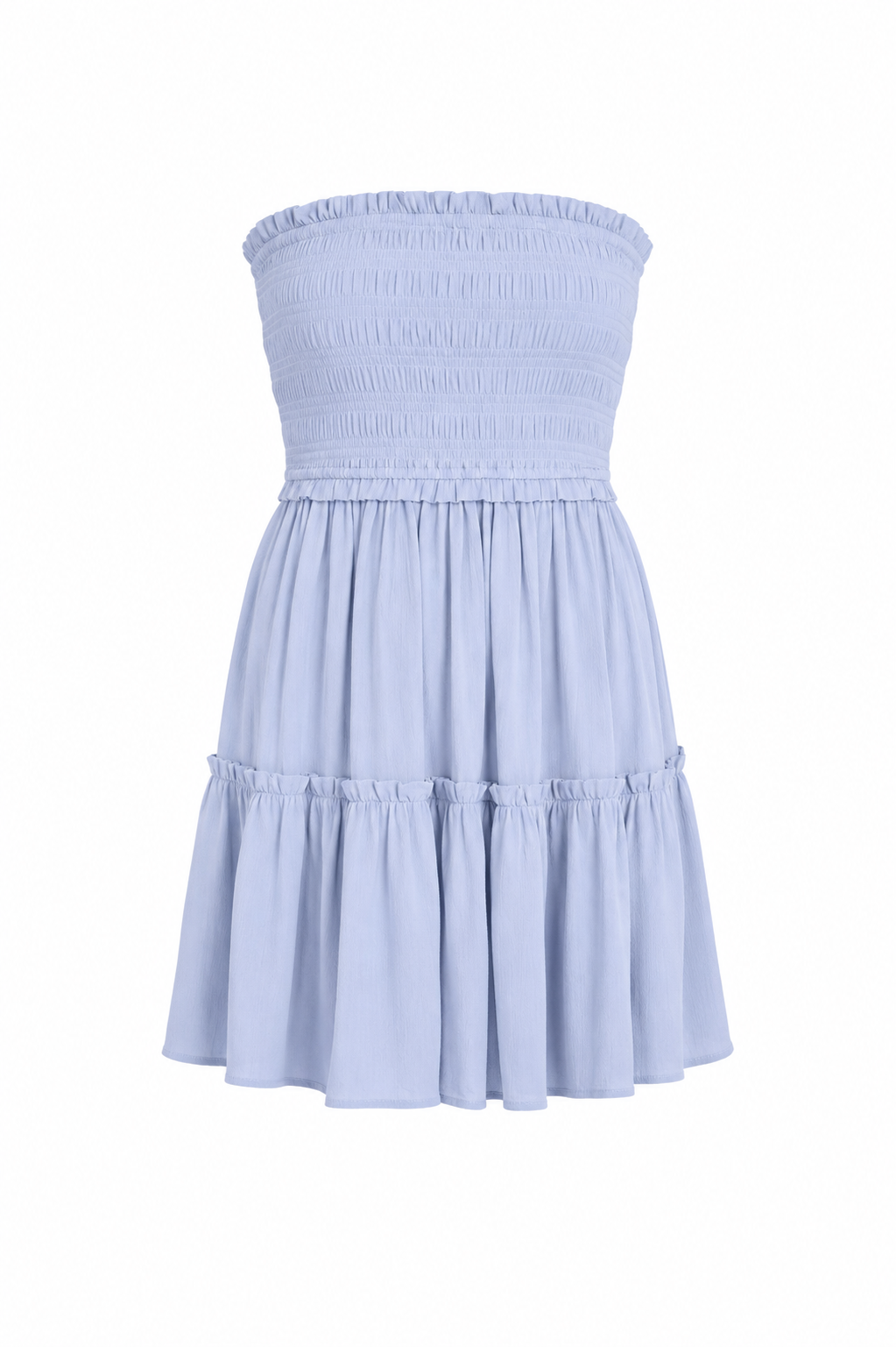 Light blue strapless smocked mini dress with tiered ruffle skirt